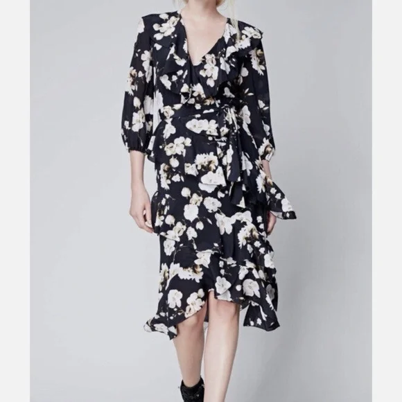 Alice & Olivia Kye Ruffle Floral Print Crepe Midi Dress - Picture 1 of 4
